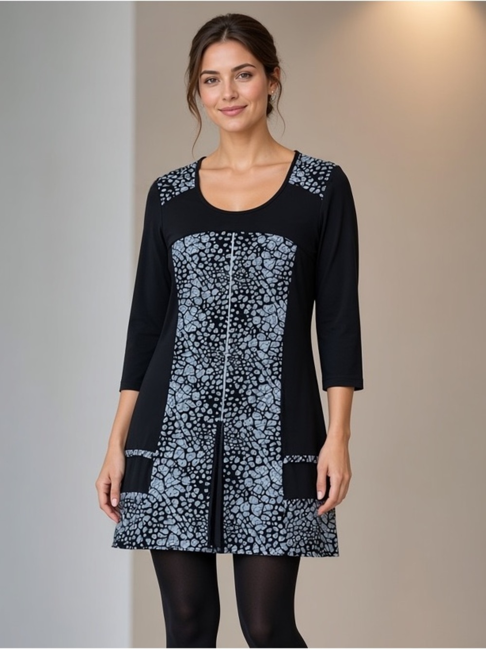 Libra Black Mini Dress Gray Pebble Print Panels Sz L